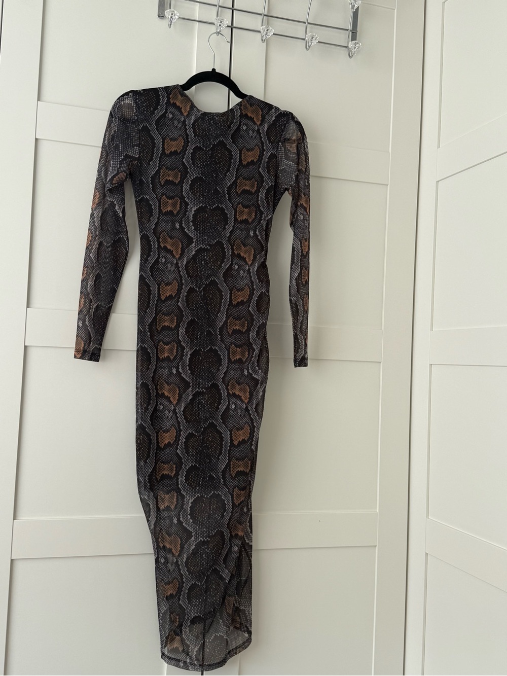 All Saints Long-Sleeve Snake-Print Bodycon Dress in Black and Brown